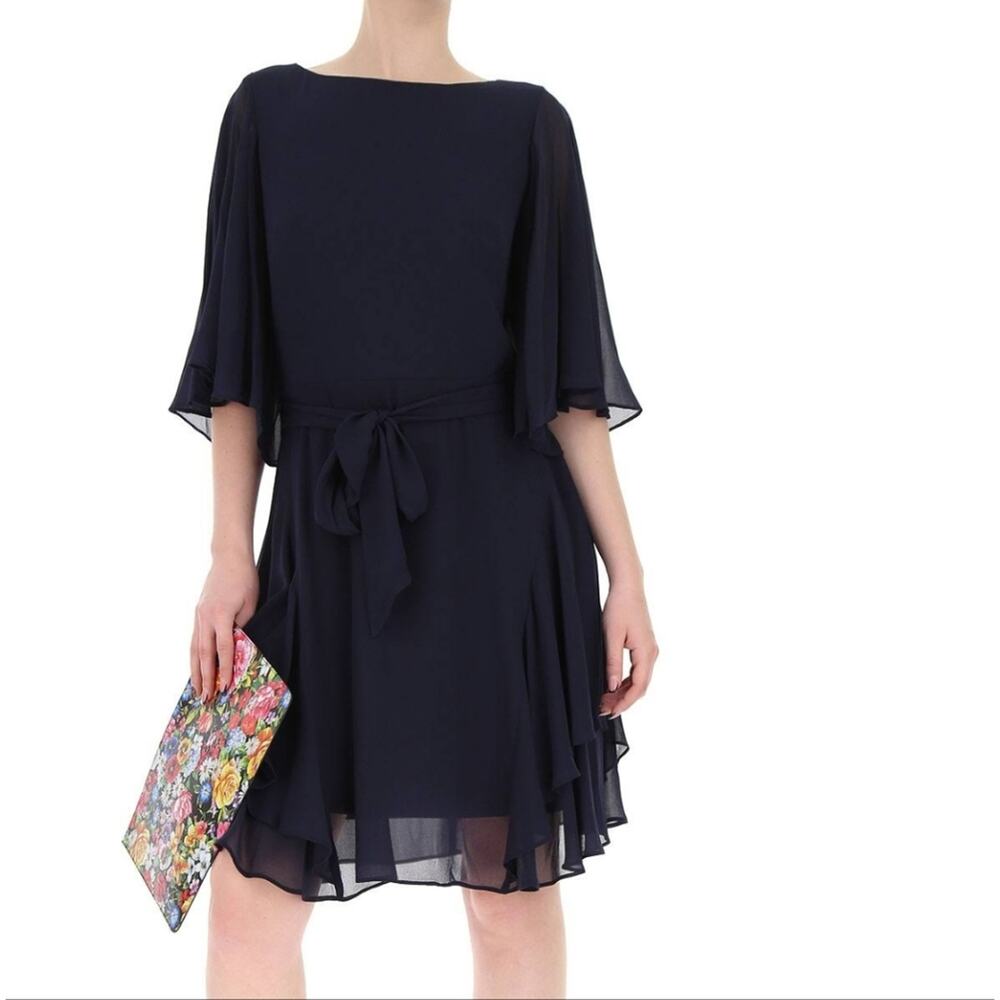 Lauren Ralph Lauren NWT Deep Navy Blue Flutter Sleeve Belted Crepe Mini Dress 2 - Picture 15 of 15